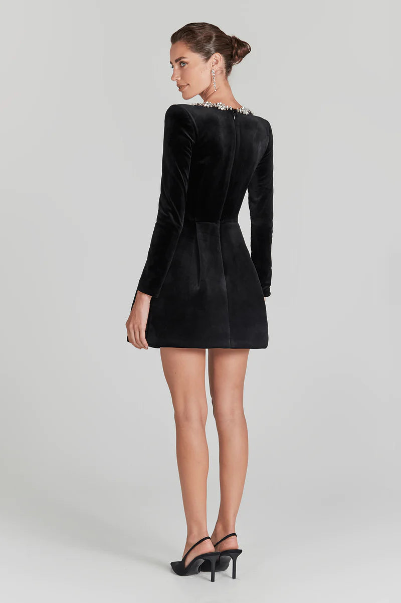 Kimberly - Women's Formal Mini Dress with Embellished Square Neck and Long Sleeves