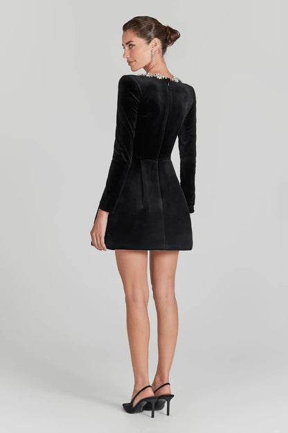 Kimberly - Women's Formal Mini Dress with Embellished Square Neck and Long Sleeves