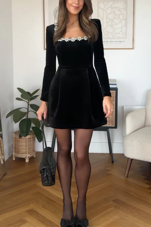 Kimberly - Women's Formal Mini Dress with Embellished Square Neck and Long Sleeves