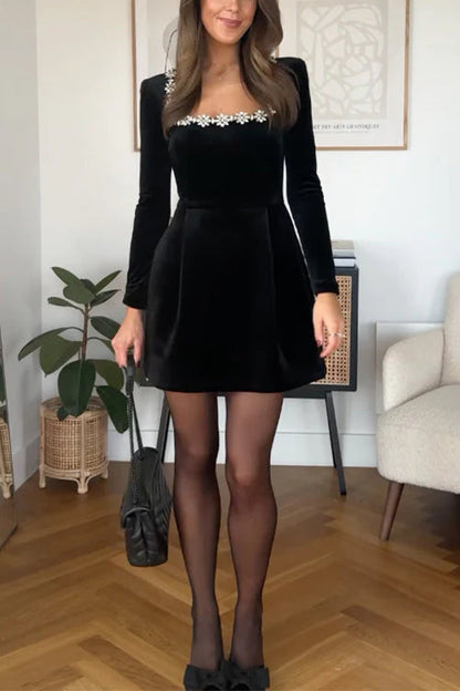 Kimberly - Women's Formal Mini Dress with Embellished Square Neck and Long Sleeves