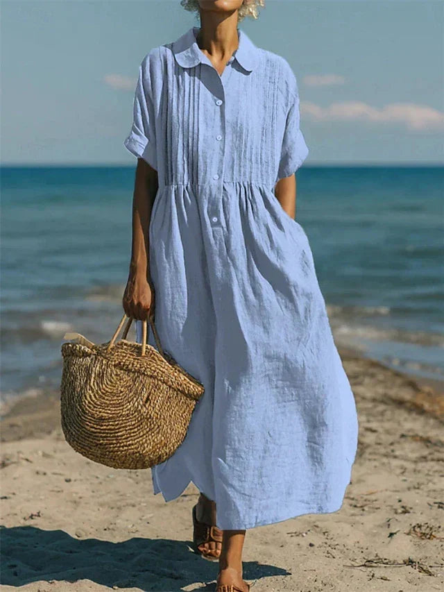 Lily - Women’s Lightweight Summer Midi Dress with Collar and Button Front