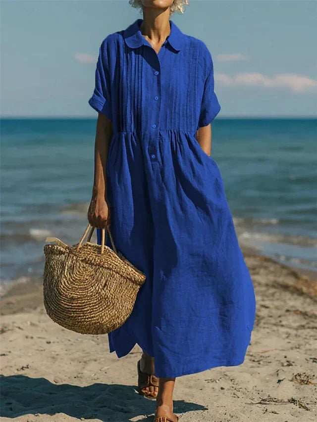 Lily - Women’s Lightweight Summer Midi Dress with Collar and Button Front