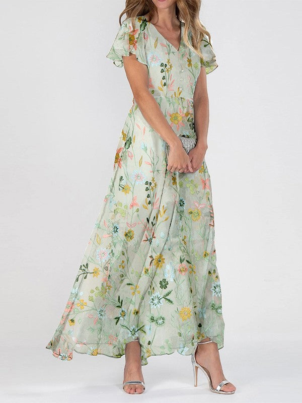 Lily - Women's Summer Maxi Dress Elegant with Flutter Sleeves and V Neck