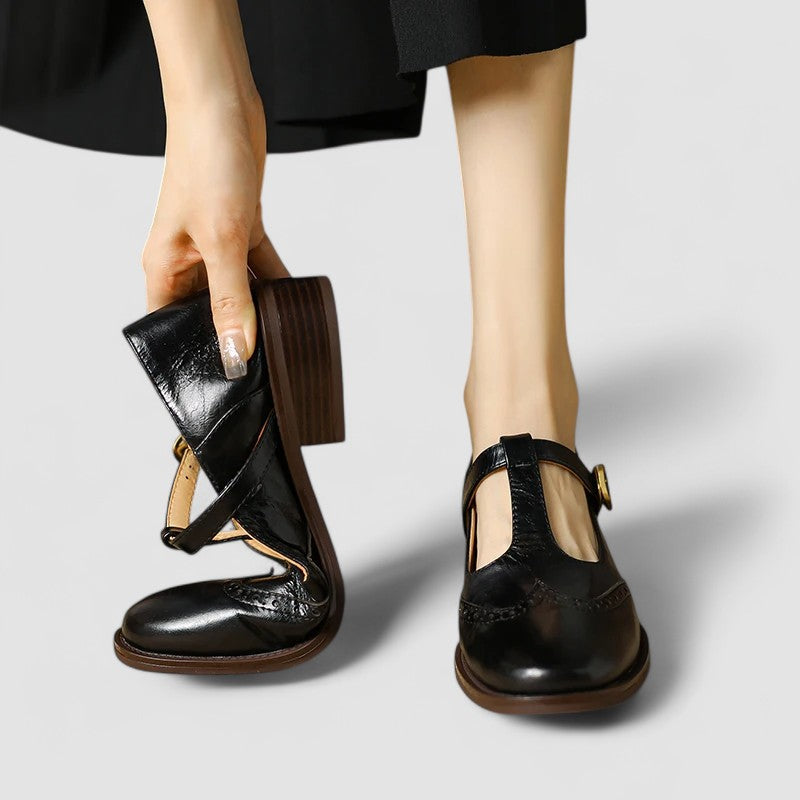 Lily - Women's Vintage T-Bar Mary Jane Sandals with Brogue Detailing