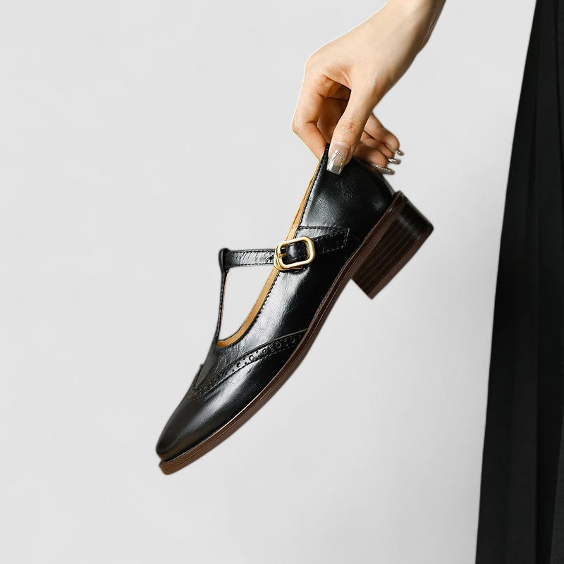 Lily - Women's Vintage T-Bar Mary Jane Sandals with Brogue Detailing