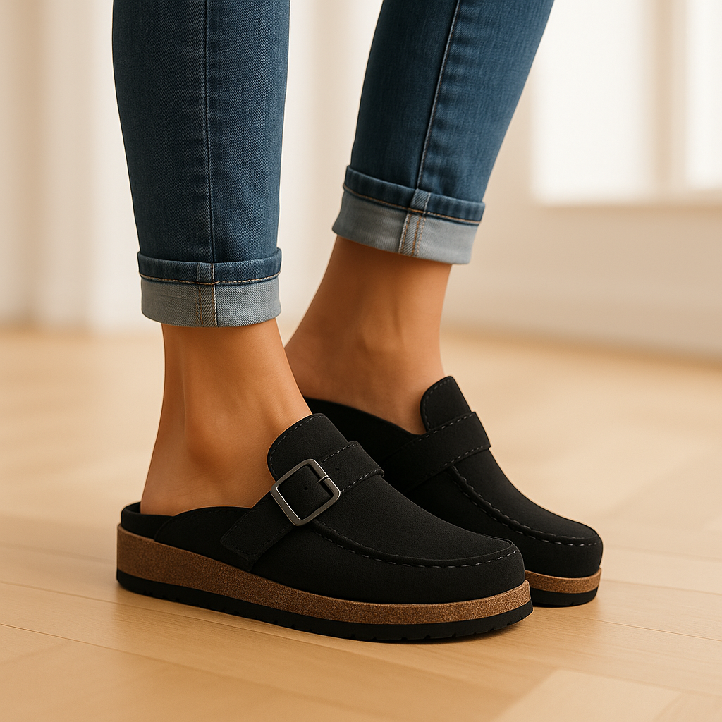 Matilda - Women's Buckle Strap Platform Clogs with Moc Toe Stitching