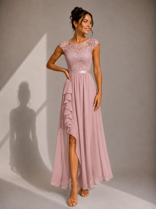 Matilda - Women's Maxi Dress Formal Style with Cap Sleeves and Ruffle Split