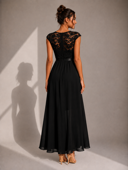 Matilda - Women's Maxi Dress Formal Style with Cap Sleeves and Ruffle Split