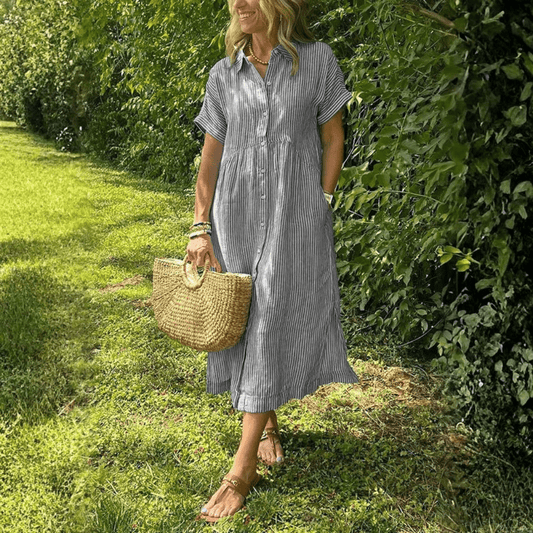 Matilda - Women's Summer Maxi Dress Striped with Collar and Button Front