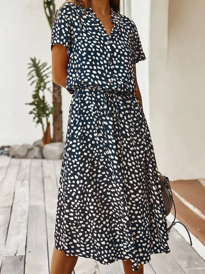 Matilda - Women's Summer Midi Dress with Button Front and Drawstring Waist