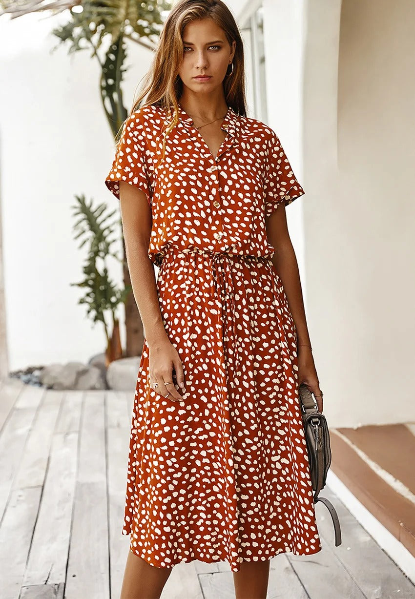 Matilda - Women's Summer Midi Dress with Button Front and Drawstring Waist
