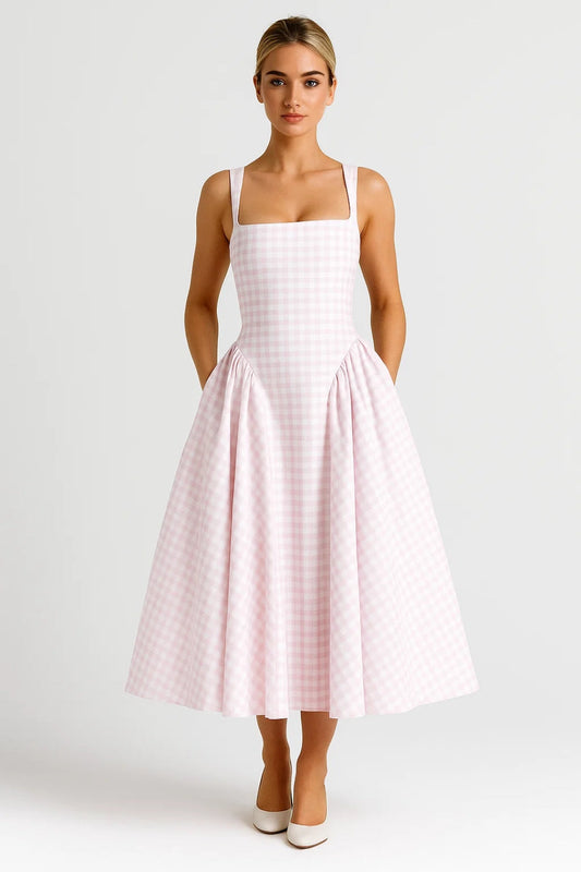 Matilda - Women's Summer Midi Dress with Gingham Check and Full Flared Skirt