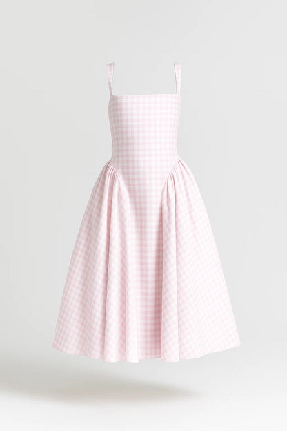 Matilda - Women's Summer Midi Dress with Gingham Check and Full Flared Skirt