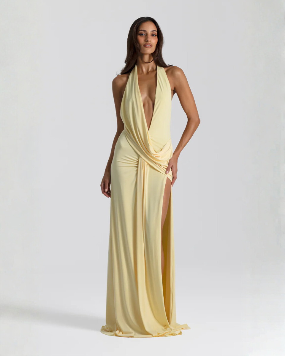 Mia - Women’s Chic Maxi Dress with Halter Neck Draped Wrap and High Split