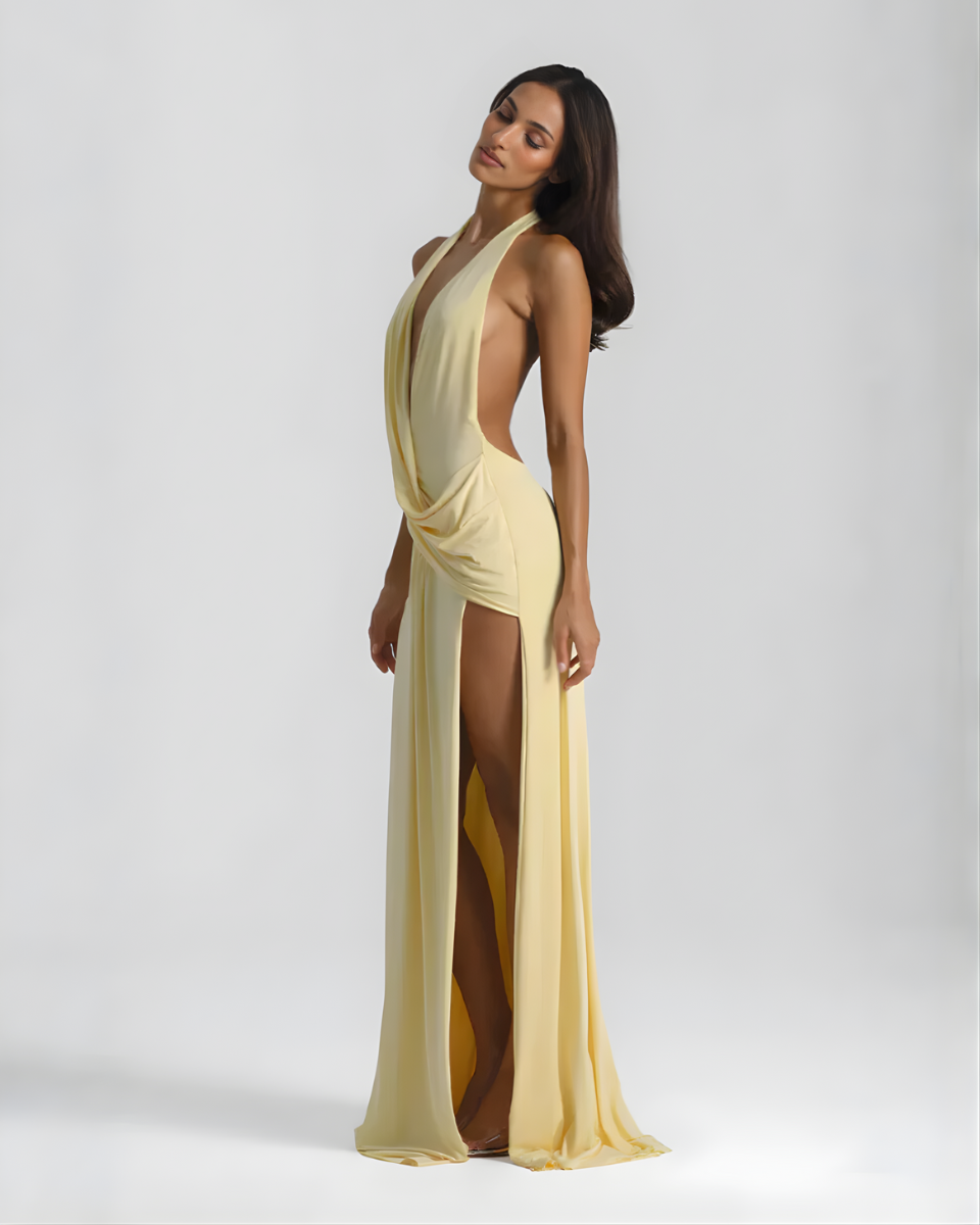 Mia - Women’s Chic Maxi Dress with Halter Neck Draped Wrap and High Split