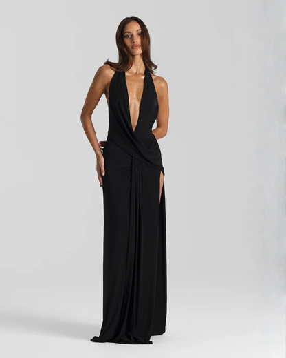Mia - Women’s Chic Maxi Dress with Halter Neck Draped Wrap and High Split