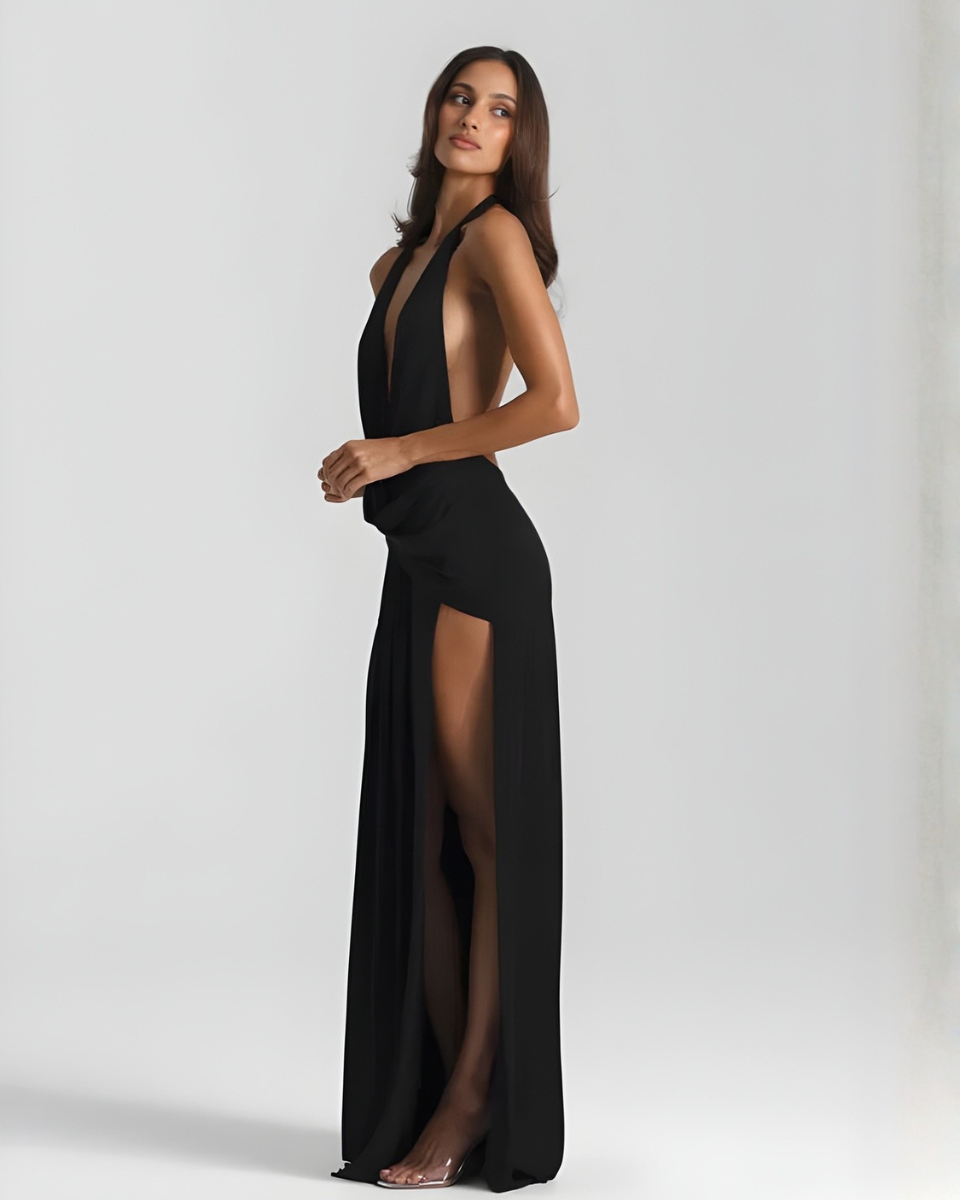 Mia - Women’s Chic Maxi Dress with Halter Neck Draped Wrap and High Split