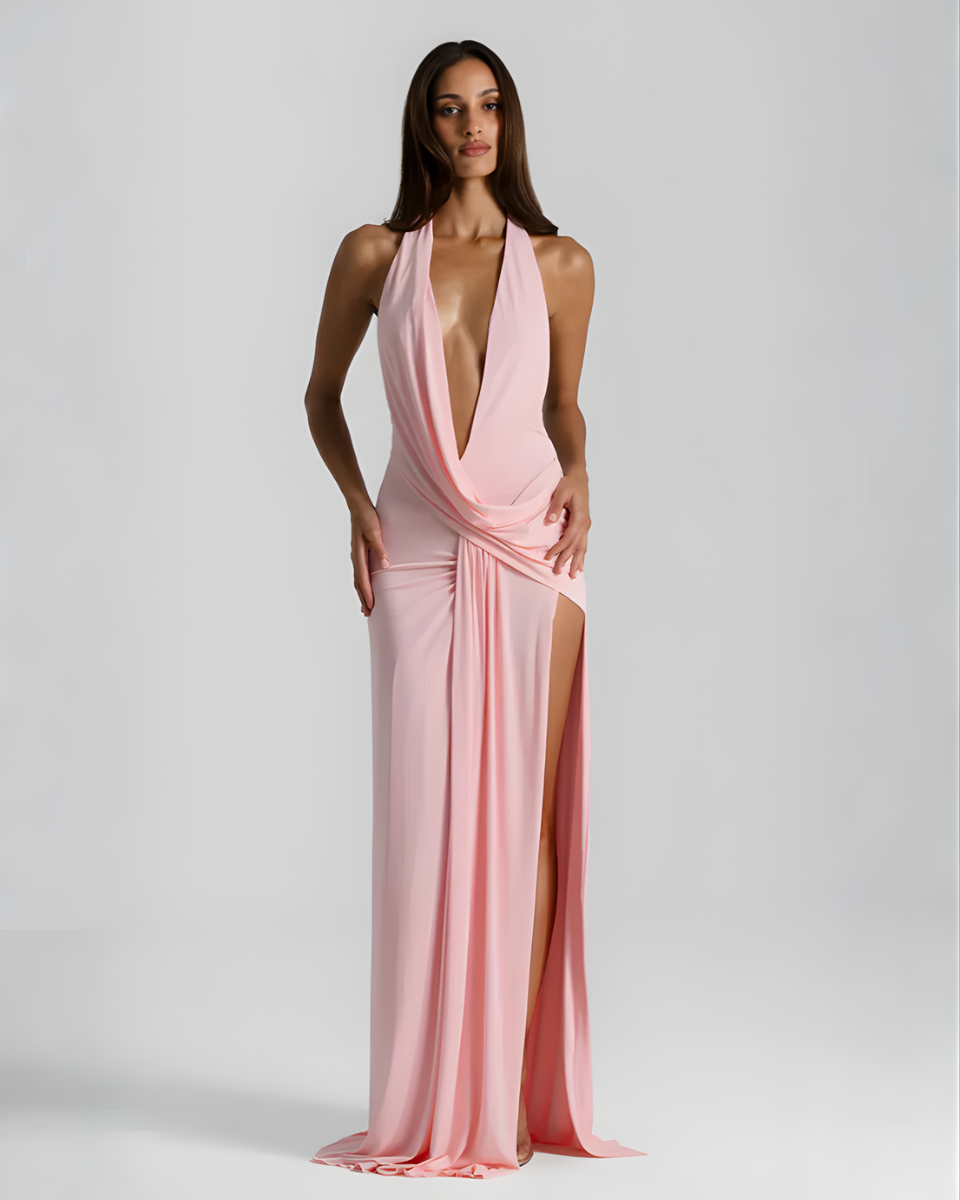 Mia - Women’s Chic Maxi Dress with Halter Neck Draped Wrap and High Split