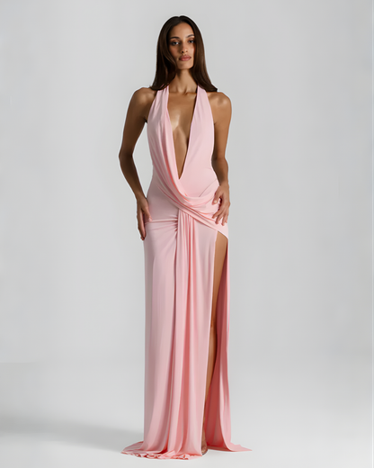 Mia - Women’s Chic Maxi Dress with Halter Neck Draped Wrap and High Split
