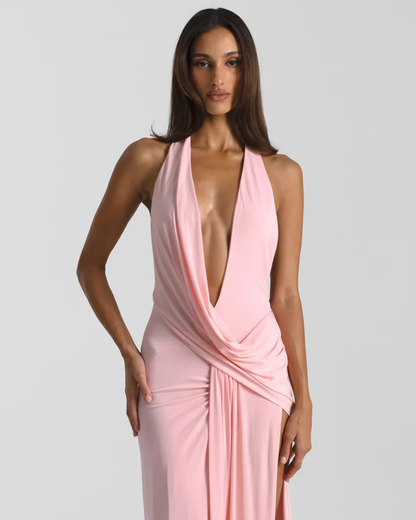 Mia - Women’s Chic Maxi Dress with Halter Neck Draped Wrap and High Split