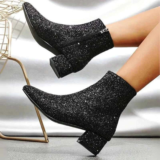 Mia - Women's Comfort Party Ankle Boots with Glitter Finish Heel