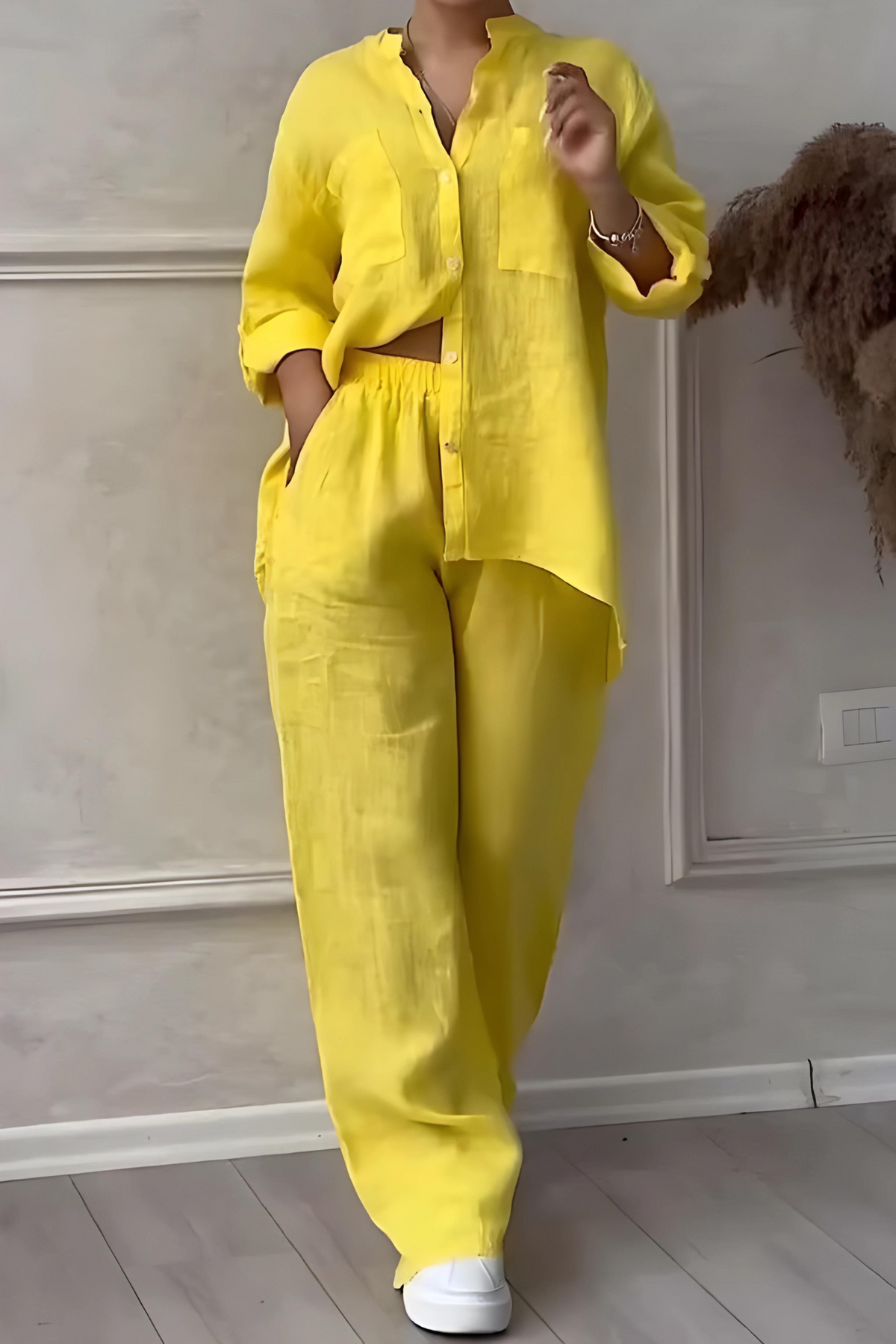 Mia - Women's Matching Summer Set with Button Shirt and Wide Leg Trousers