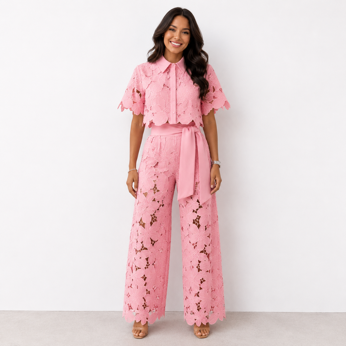 Mia - Women’s Matching Summer Set with Cropped Shirt and Wide Leg Trousers