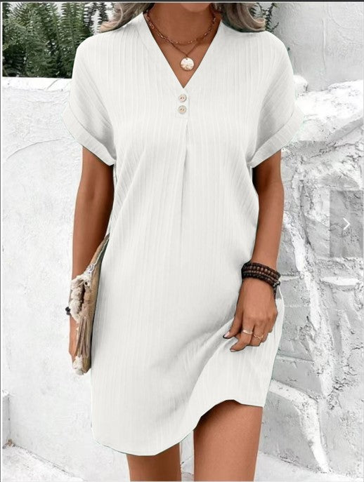 Mia - Women's Summer Mini Dress Elegant with V Neck and Button Detail