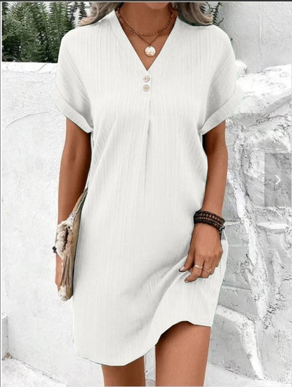 Mia - Women's Summer Mini Dress Elegant with V Neck and Button Detail