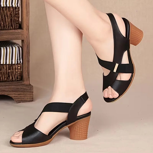 Olivia - Women's Elastic Strap Block Heel Sandals with Peep Toe Design