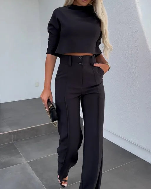 Olivia - Women's Matching Set Elegant Crop Top with Wide Leg Trousers