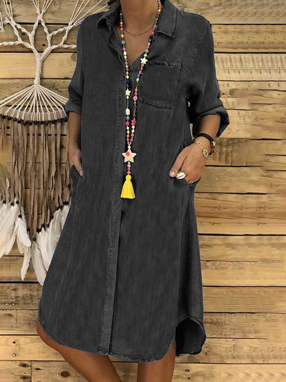 Olivia - Women's Midi Shirt Dress Oversized with Pockets and Curved Hem