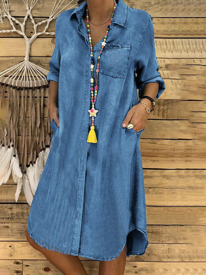 Olivia - Women's Midi Shirt Dress Oversized with Pockets and Curved Hem