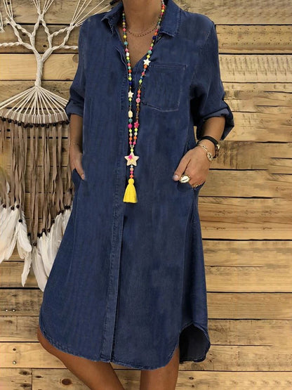 Olivia - Women's Midi Shirt Dress Oversized with Pockets and Curved Hem