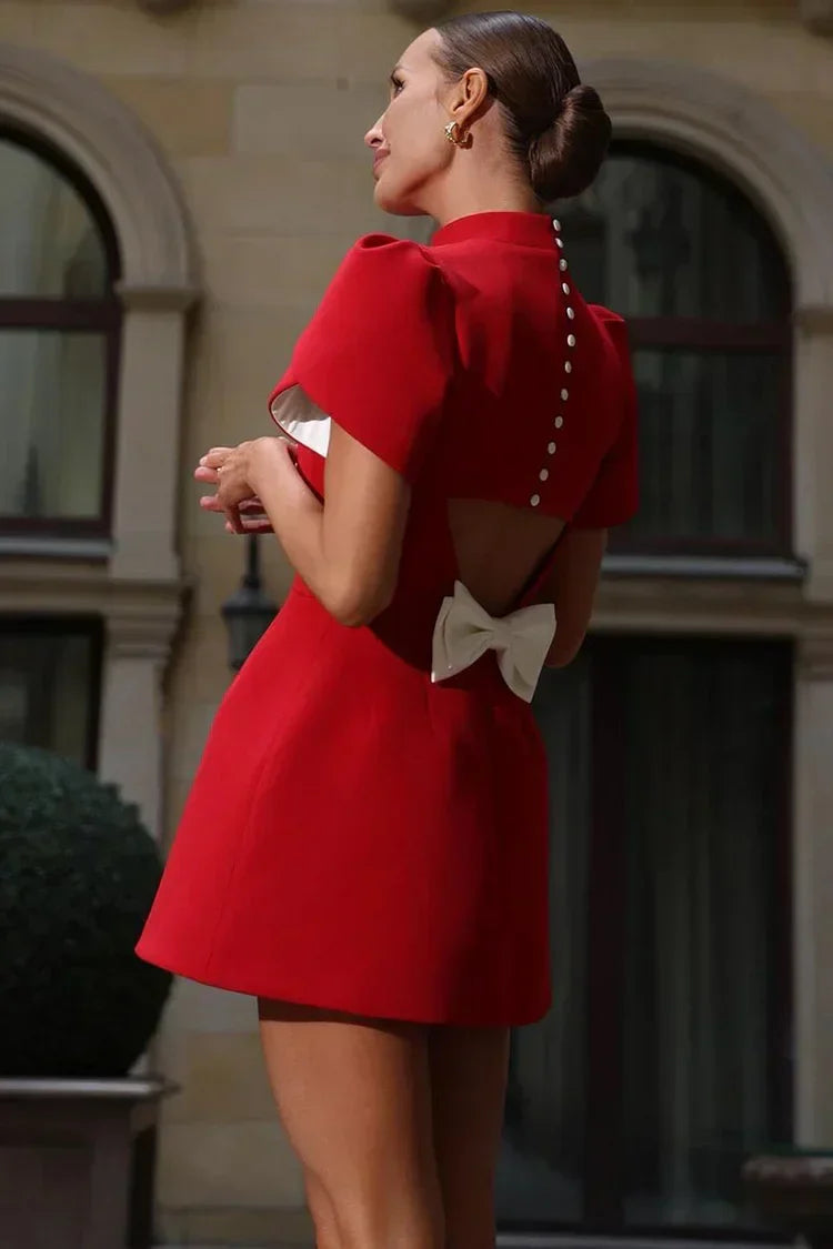 Ophelia - Women's Formal Mini Dress with High Neck and Puff Sleeves
