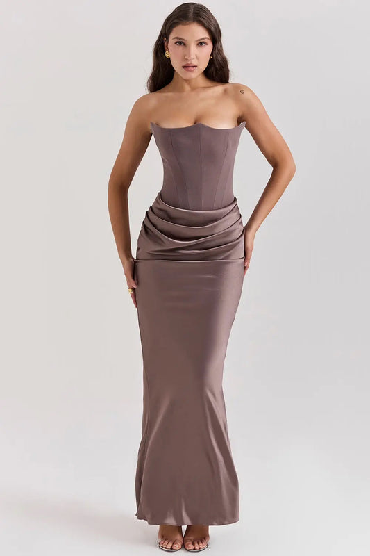 Persephone - Women's Formal Maxi Dress with Strapless Corset and Draped Skirt