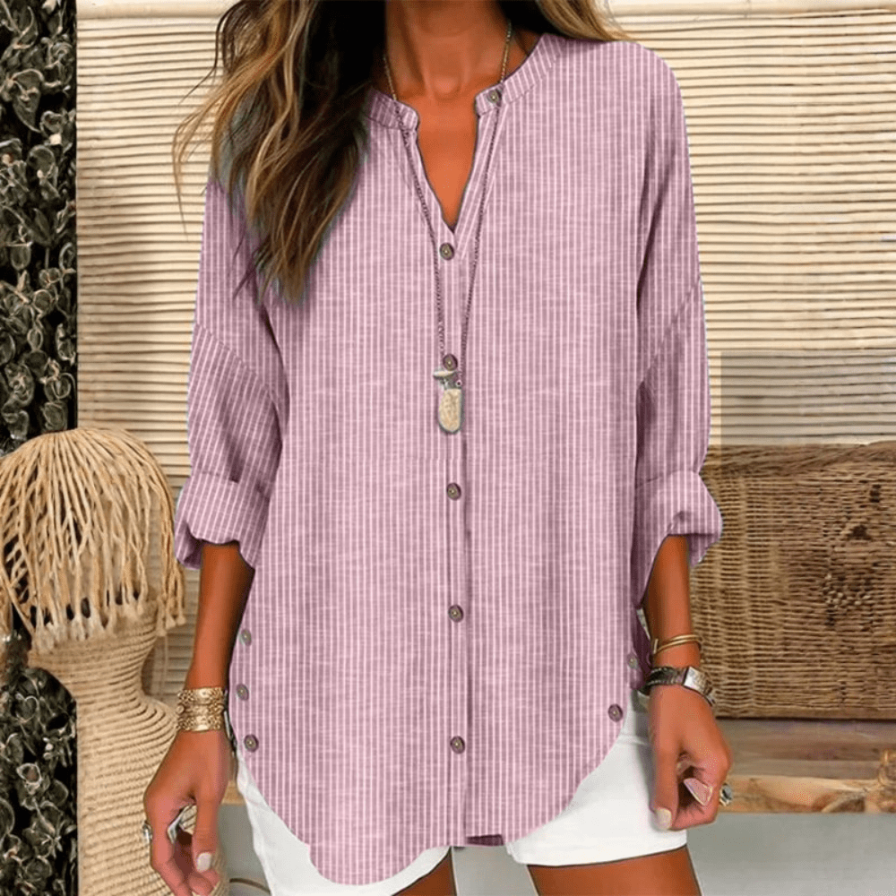 Rosie - Women's Summer Blouse Oversized Striped with Button Side Slits