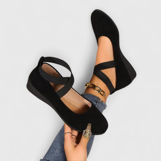 Ruby - Women's Comfort Loafers Elegant with Cross Straps and Low Wedge Heel
