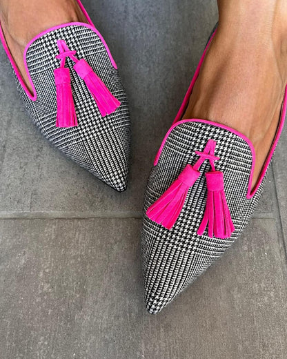 Ruby - Women's Comfort Loafers with Houndstooth Print and Tassel Trim