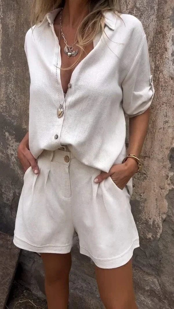 Ruby - Women's Matching Short Summer Set with Rolled Sleeve Button Shirt