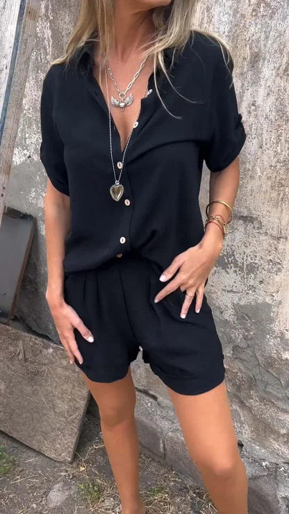 Ruby - Women's Matching Short Summer Set with Rolled Sleeve Button Shirt