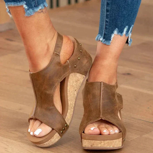 Ruby - Women's Summer Wedge Sandals with Peep Toe and Studded Heel Strap