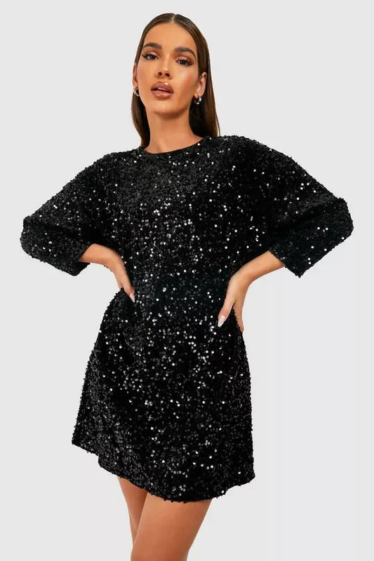 Ruby - Women's Wedding Guest Dress Sequin with Long Sleeves and Boat Neck