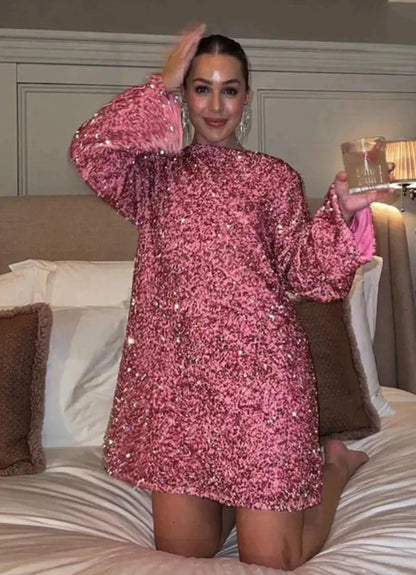 Ruby - Women's Wedding Guest Dress Sequin with Long Sleeves and Boat Neck