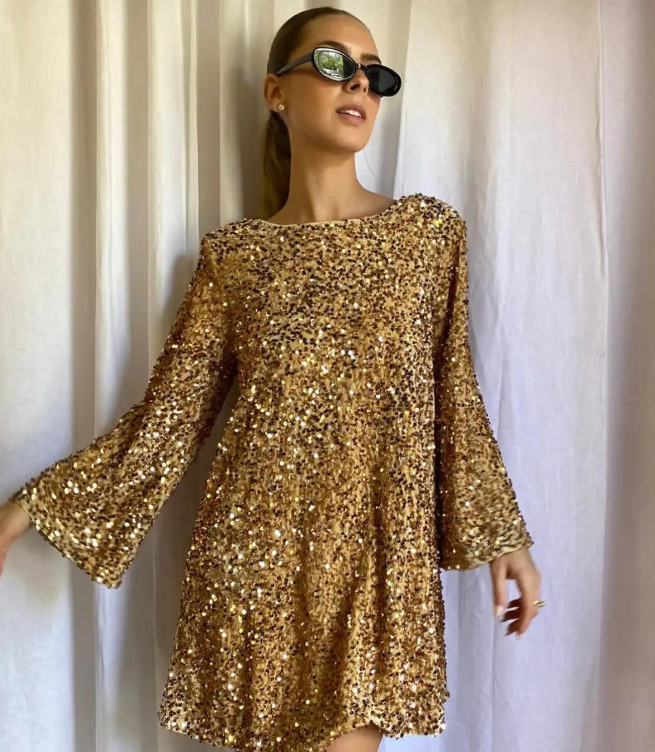 Ruby - Women's Wedding Guest Dress Sequin with Long Sleeves and Boat Neck