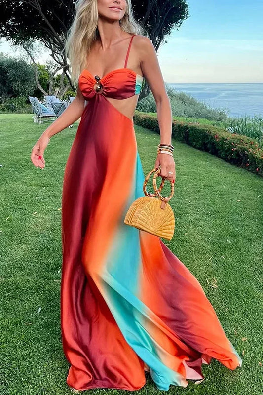 Seraphina - Women's Summer Maxi Dress with Ombre Print and Cut Out Waist