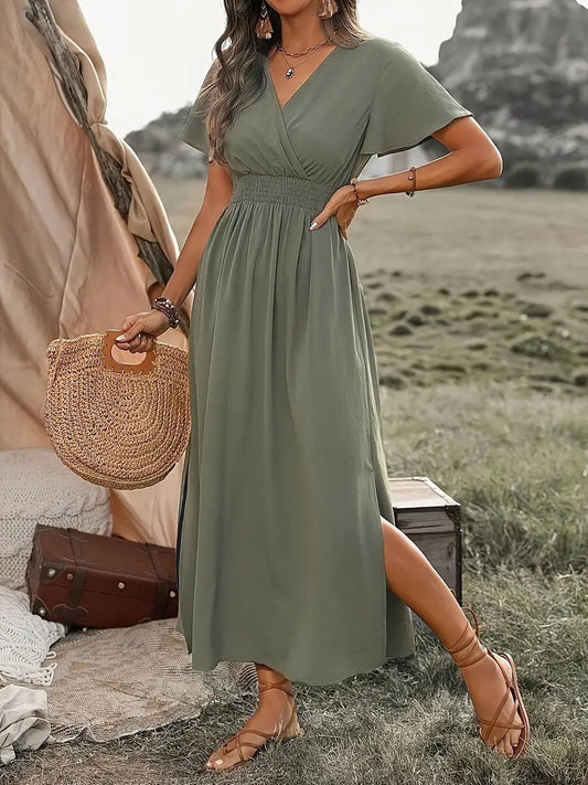 Sienna - Women's Boho Summer Maxi Dress with Wrap V Neck and Smocked Waist