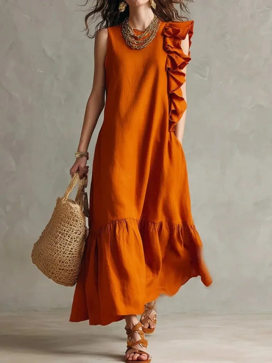 Sienna - Women's Summer Maxi Dress with Round Neck and Ruffle Trim