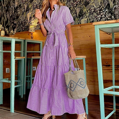 Sienna - Women's Summer Maxi Dress with Collar and Tie Waist Belt