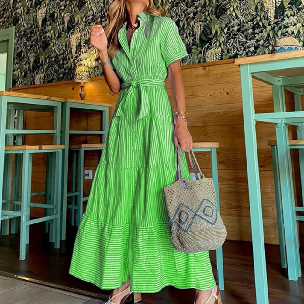 Sienna - Women's Summer Maxi Dress with Collar and Tie Waist Belt